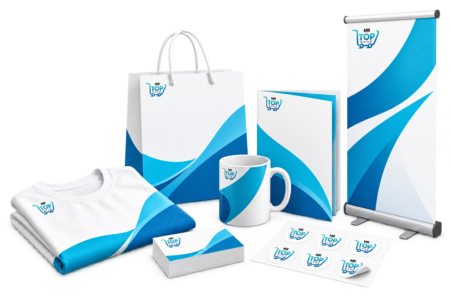Mr Top Shop branded cards, apparel, packaging, labels, a mug and a display banner