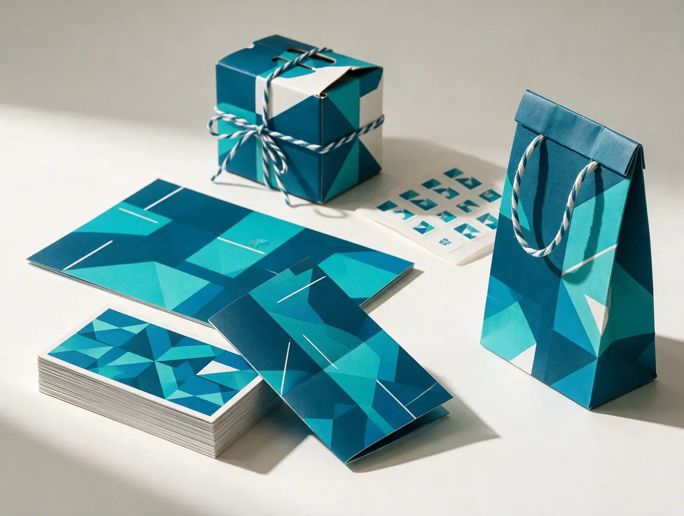 Coordinated blue business cards, brochures, labels, packaging and a printed paper bag