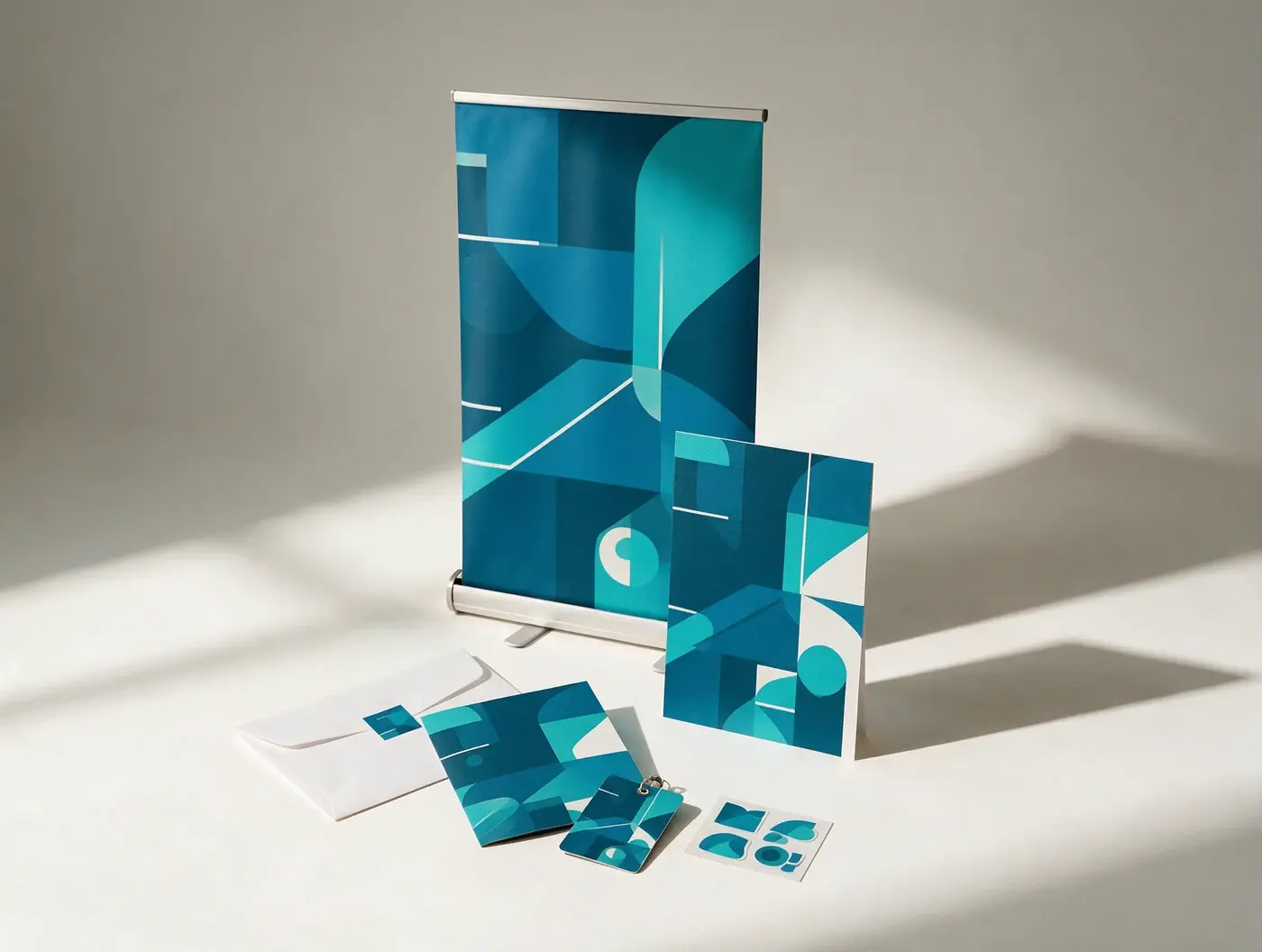 Blue event roll-up banner, poster, invitations, badge and stickers