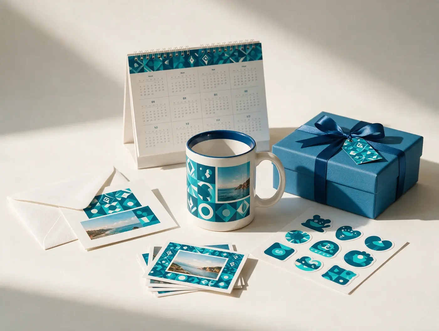 Personalised photo mug, desk calendar, greeting cards, gift box and stickers